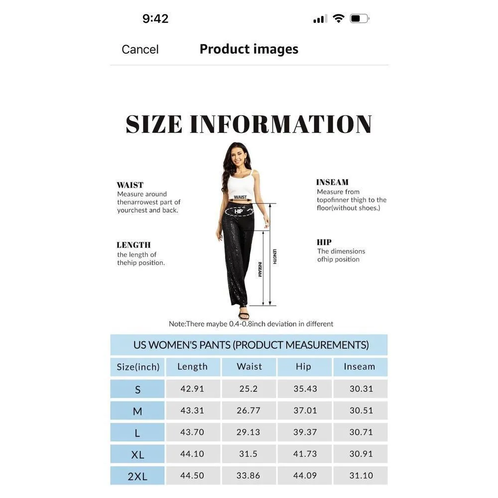 NEW High Waist Sequins Wide Leg Stretch Club Pants M 28” inseam Black Size M - Image 5