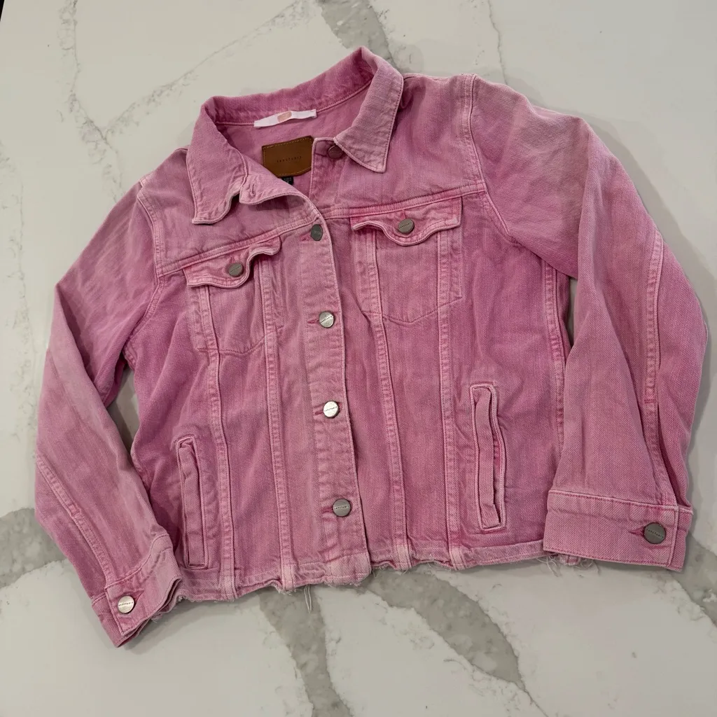 Sanctuary Distressed ButtonFront Denim Jean Jacket Womens Small Wild Cherry Pink - Image 2