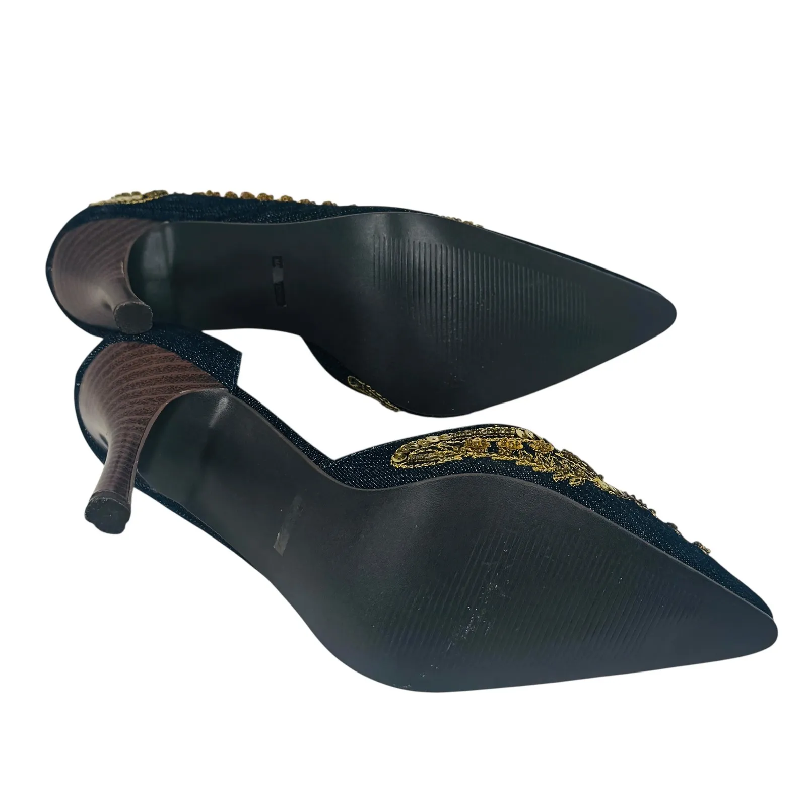 Anne Michelle FUEL57 Embroidered Denim Gold Beaded Heels Womens 6 Vtg Glam Pumps - Image 6