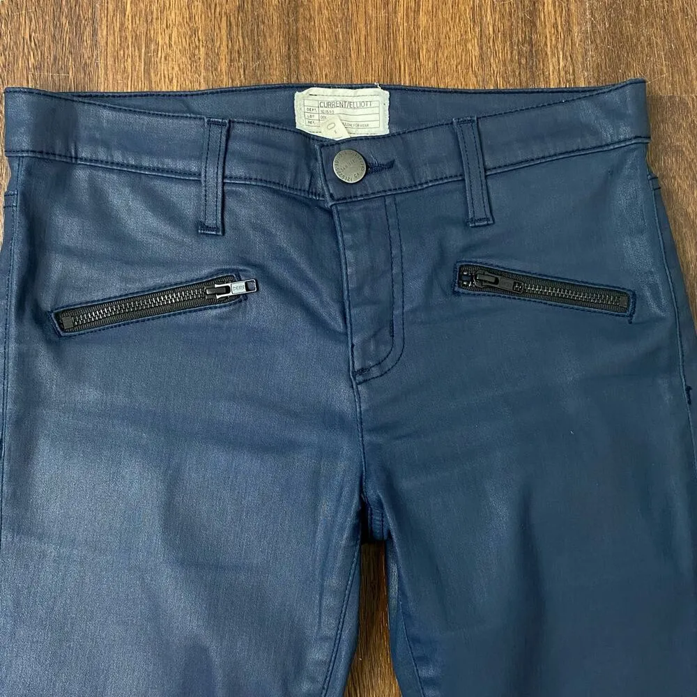Current/Elliott Navy Coated The Soho Zip Stiletto Moto Skinny Pant Sz 27 4 - Image 6