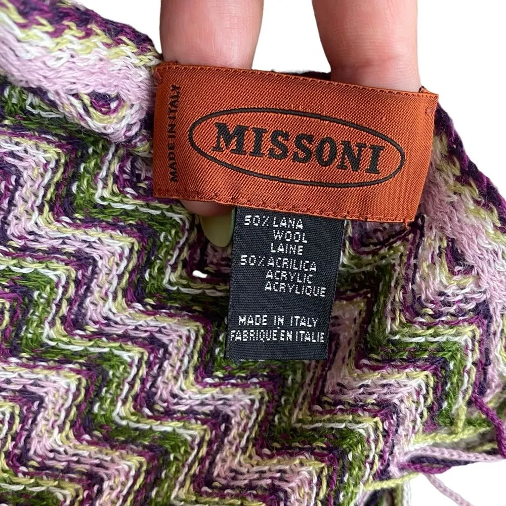 Missoni Women’s Chevron Knit‎ Fringe Scarf Green Purple Zig Zags - Image 3