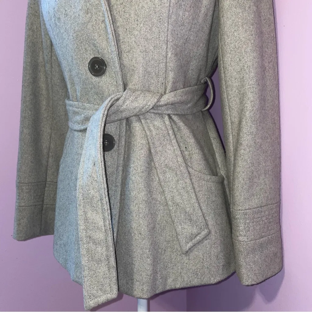 Jason Kole Hooded Peacoat Women PXS Waist Tie Wool Blend Neutral Preppy Normcore Gray Size undefined - Image 3