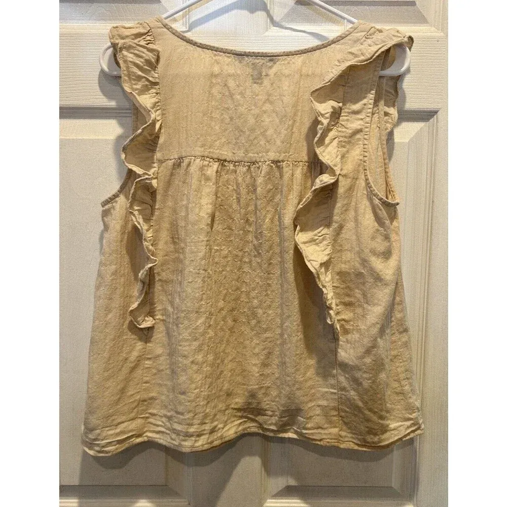 Express Top Womens L Large Beige Short Sleeve Ruffle Button‎ Down Cropped - Image 4