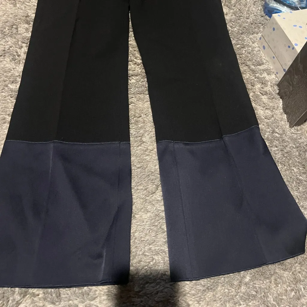 NWT Derek Lam Black Virgin Wool Crepe Trousers with Navy Blue Satin Trim Size 6 - Image 2