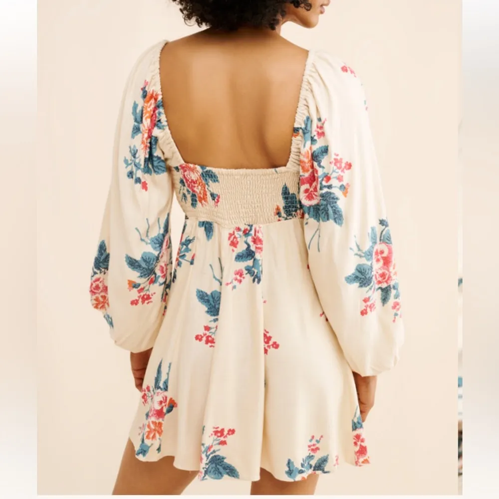 Free People Francesca Boho Mini Dress Ivory Floral Long Sleeve V-Neck - Image 5