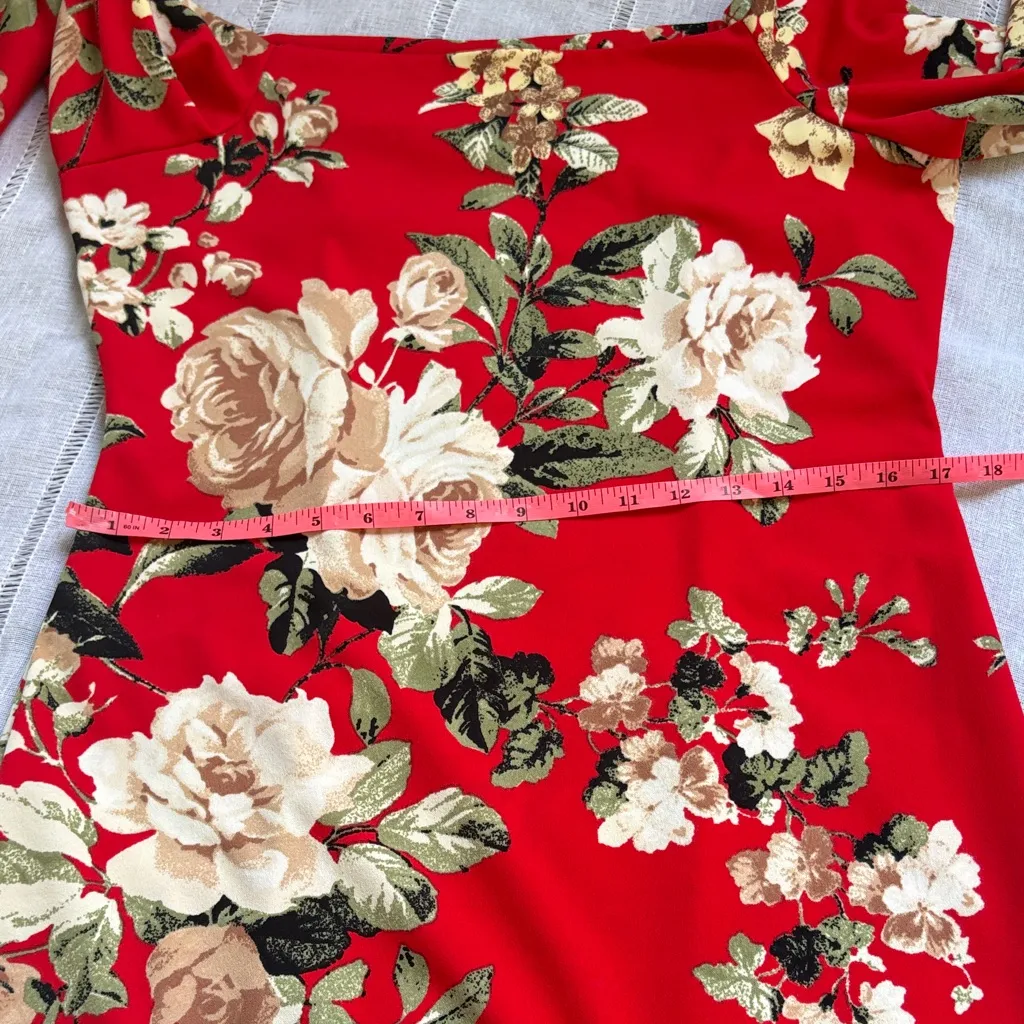 Olivia Matthews Red Floral Midi Dress With Bell Sleeves. - Image 10
