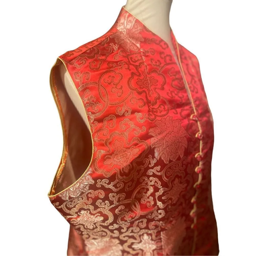Asian Red and Gold Vintage 100% Silk Sleeveless Vest Size XXL - Image 5