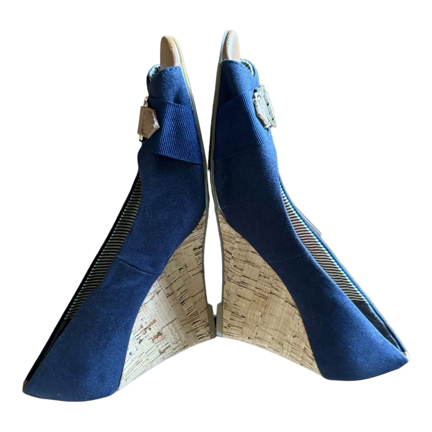 Tommy Hilfiger Navy peep toe wedges with gold accent summer preppy size 10 - Image 7