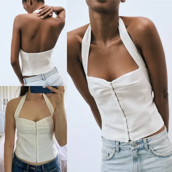 Zara white ruched halter neck open back hook closure front top - Image 2