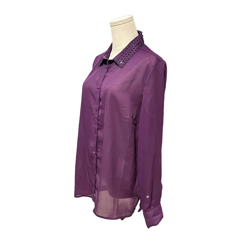 Jaclyn Smith Women's Large Purple Button-Up Long Sleeve Blouse w/Studded Collar - Image 3
