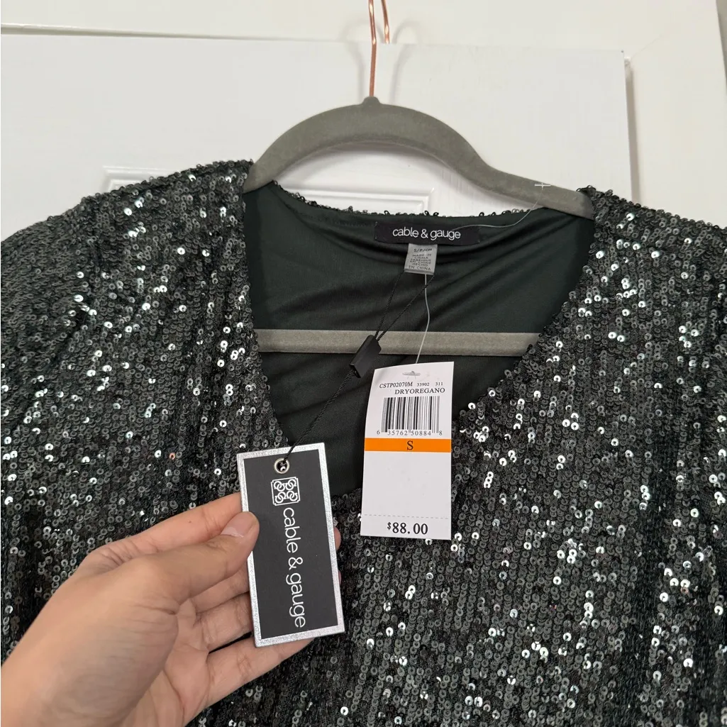 Cable and Gauge Sequin Dark Green Sequin Top Shimmer Christmas New Year Party - Image 2