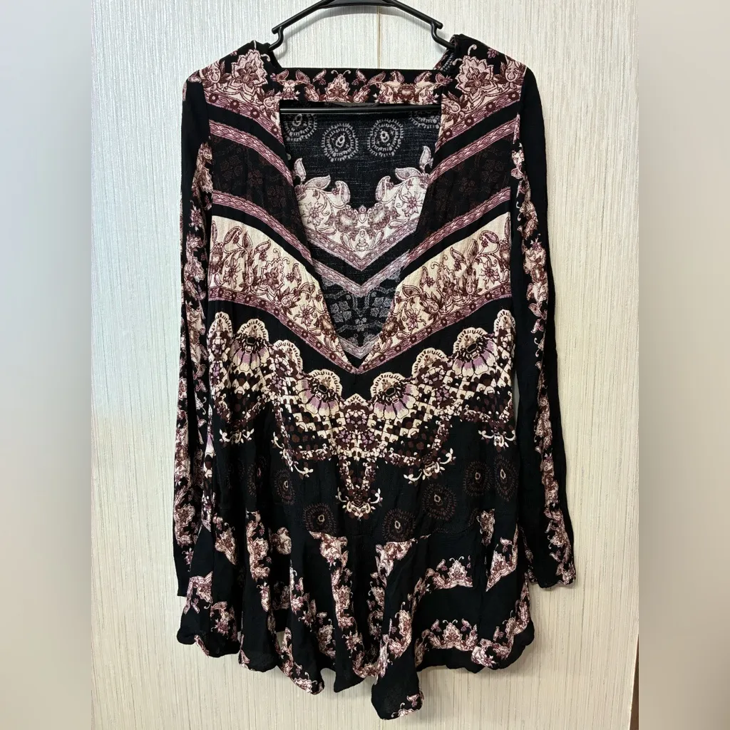 Free People Trapeze Tunic Mini Dress Floral Mandala Print Black small - Image 6