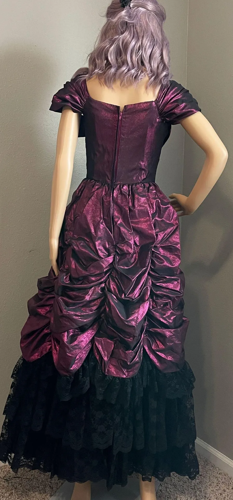 Vintage One of a kind Wine Metallic Prom Dress with Layers of Ruffled Black Lace - Image 2