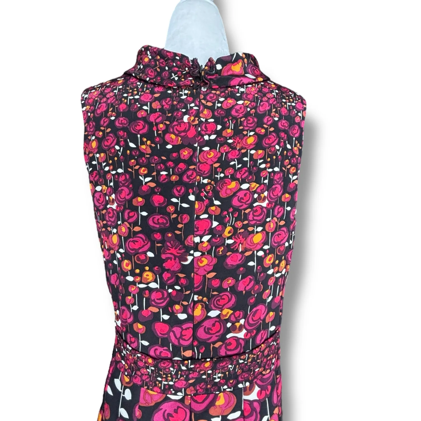 Elie Tahari Silk Floral Roll Neck Sleeveless A-Line Dress Pink Orange Black - Image 8