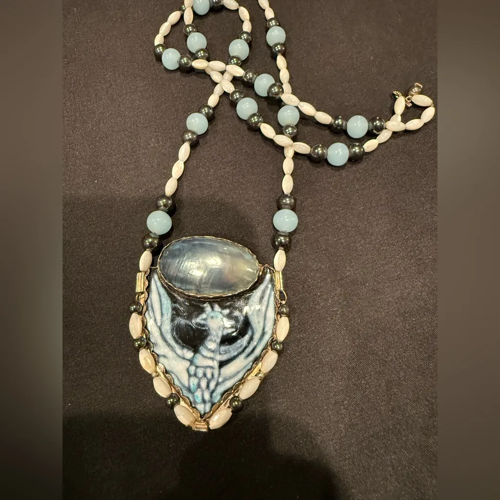 Vintage Phoenix Necklace – Handcrafted Navajo Artistry Glass and Black Pearl Blue - Image 15