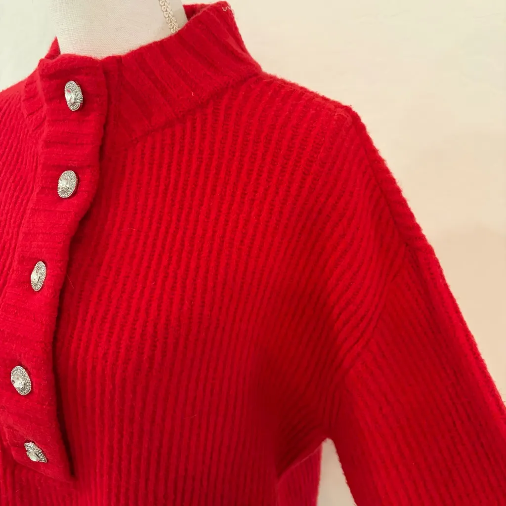 Talbots Red Jewel Half Button Henley Rib Knit Sweater Size M - Image 6