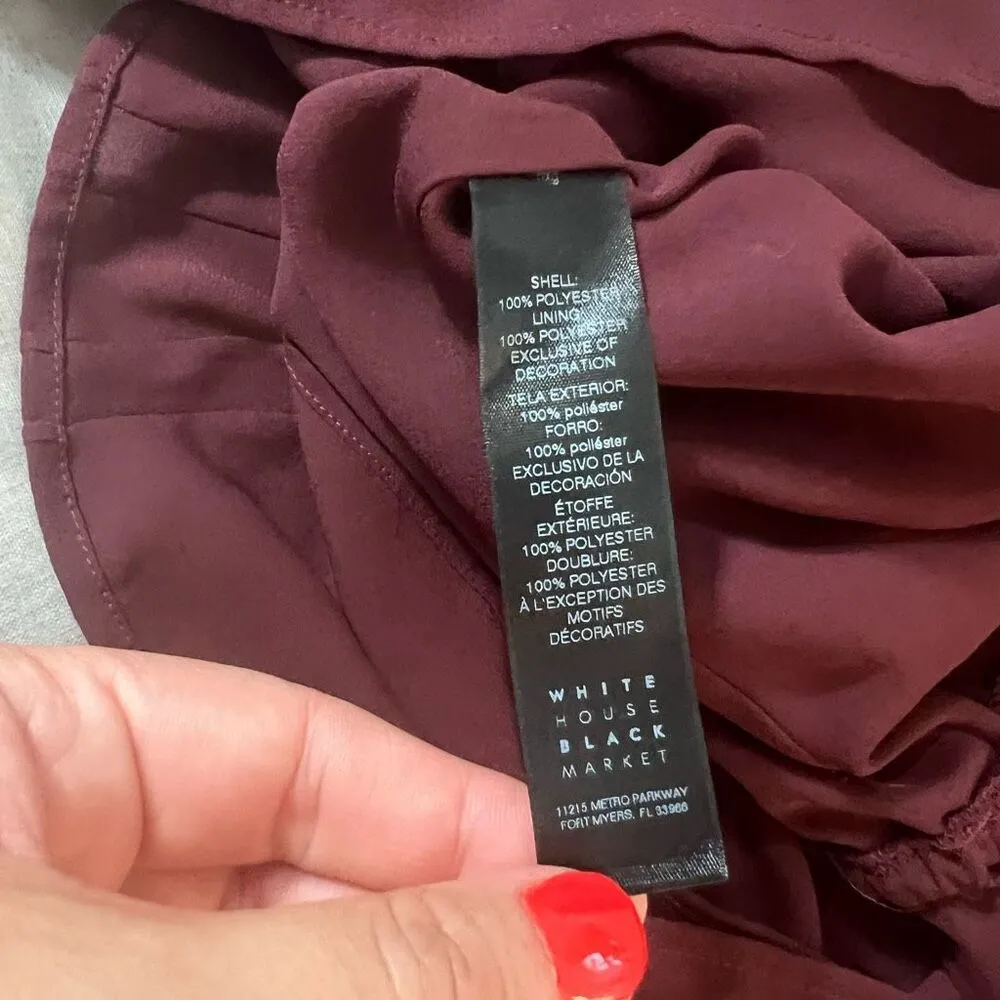 White House Black Market Burgundy Tie Neck Lace Long Sleeve Blouson Dress Sz XS - Image 8