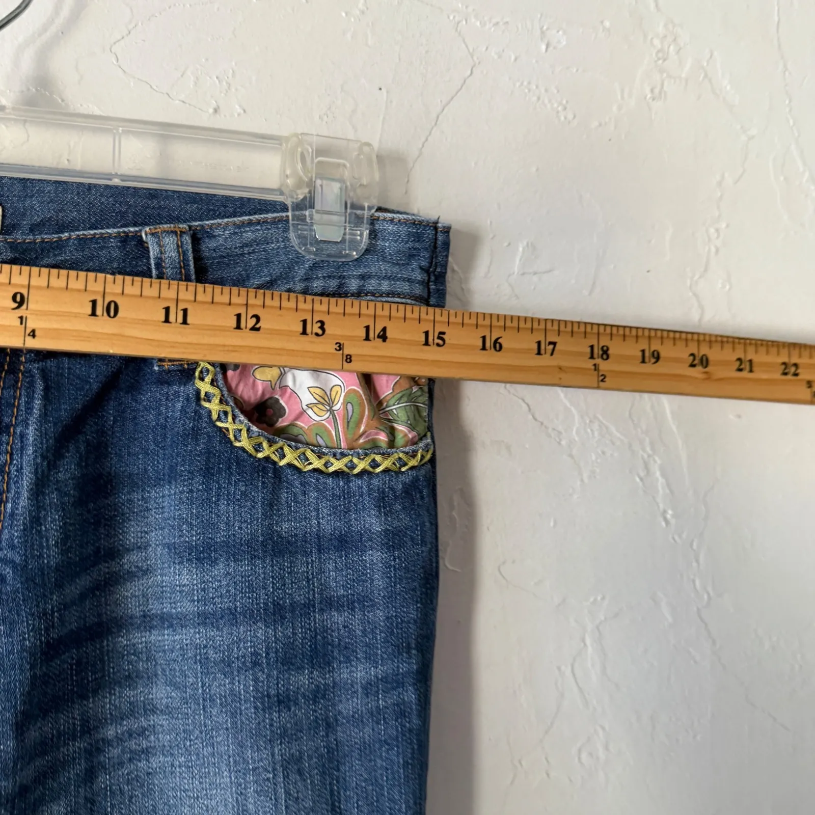 Cabi Jeans Size 4 Patchwork‎ Embellished Denim Pants Unique Bohemian Blue - Image 5