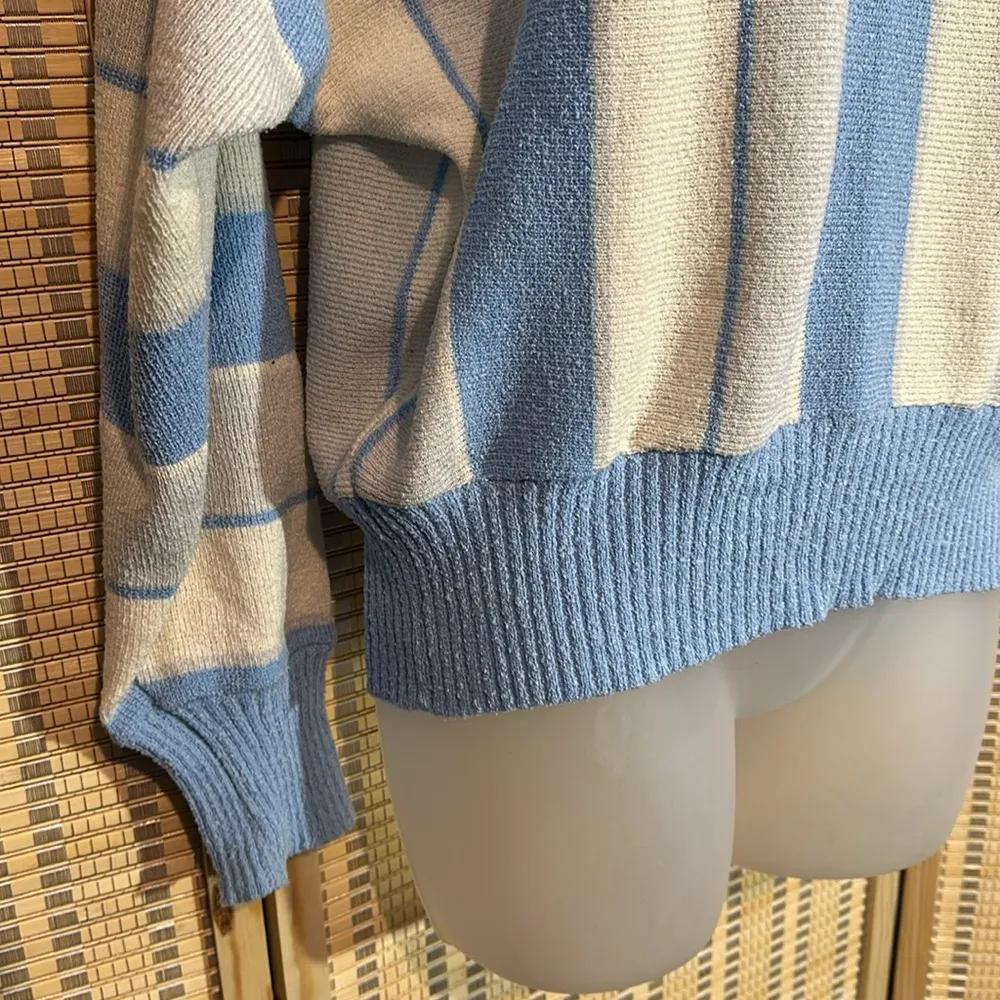 VEB Berliner Strickmoden Vintage 1970s German Blue White Striped Cropped Sweater - Image 5