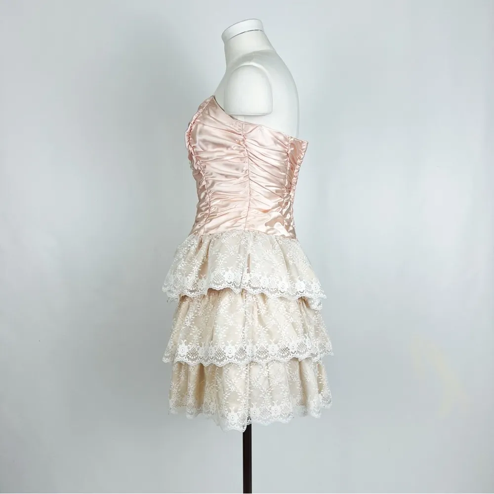 Vintage 90’s Strapless Satin Corset Mini Dress with Lace Ruffle Skirt | Size XS Pink - Image 7