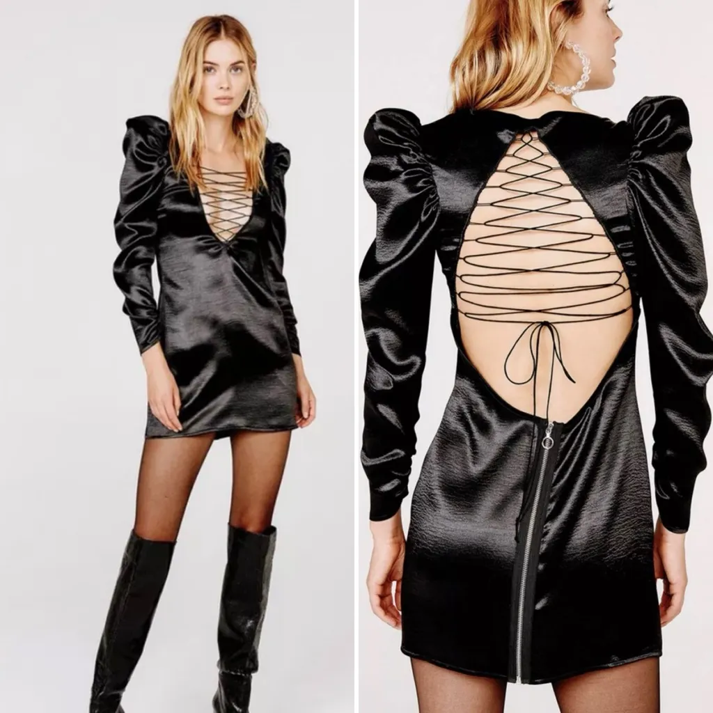 For Love & Lemons Prince Lace-Up Satin Mini Dress Black Puff Sleeve~Small 🧡 - Image 2