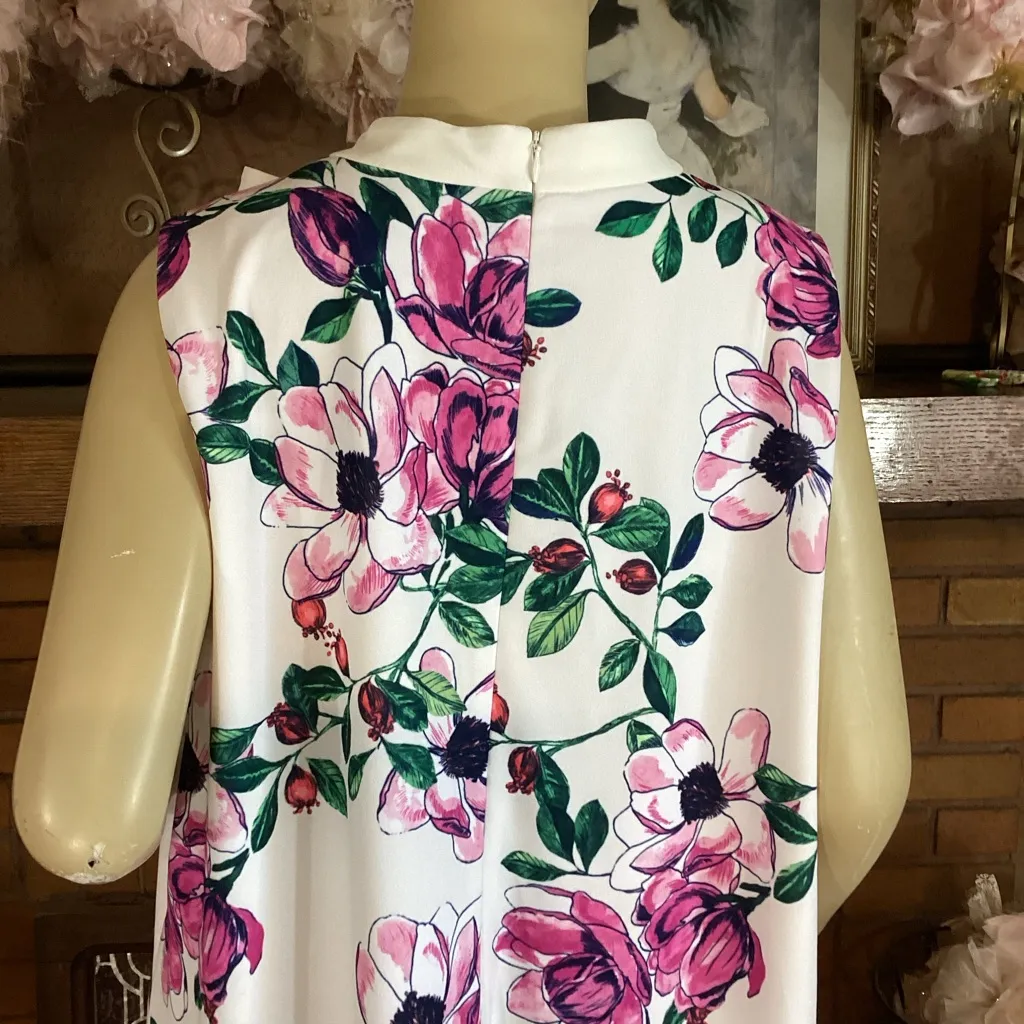 JESSICA HOWARD WHITE, PINK & GREEN FLORAL PRINT TRAPEZE DRESS W/BOW (18W) - Image 8