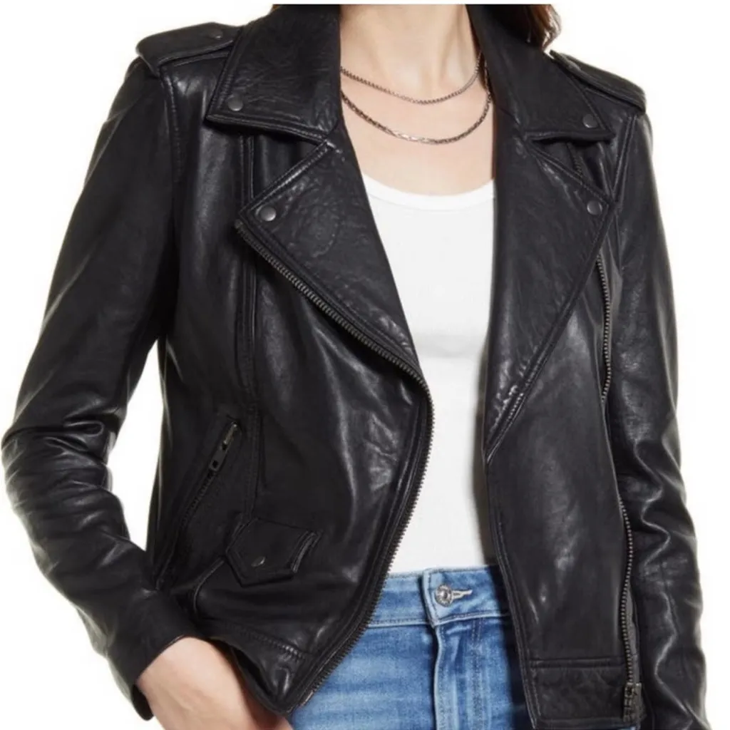 NEW Treasure & Bond NWT Size Medium 100% Leather Biker Jacket Coat Semi-Cropped - Image 1