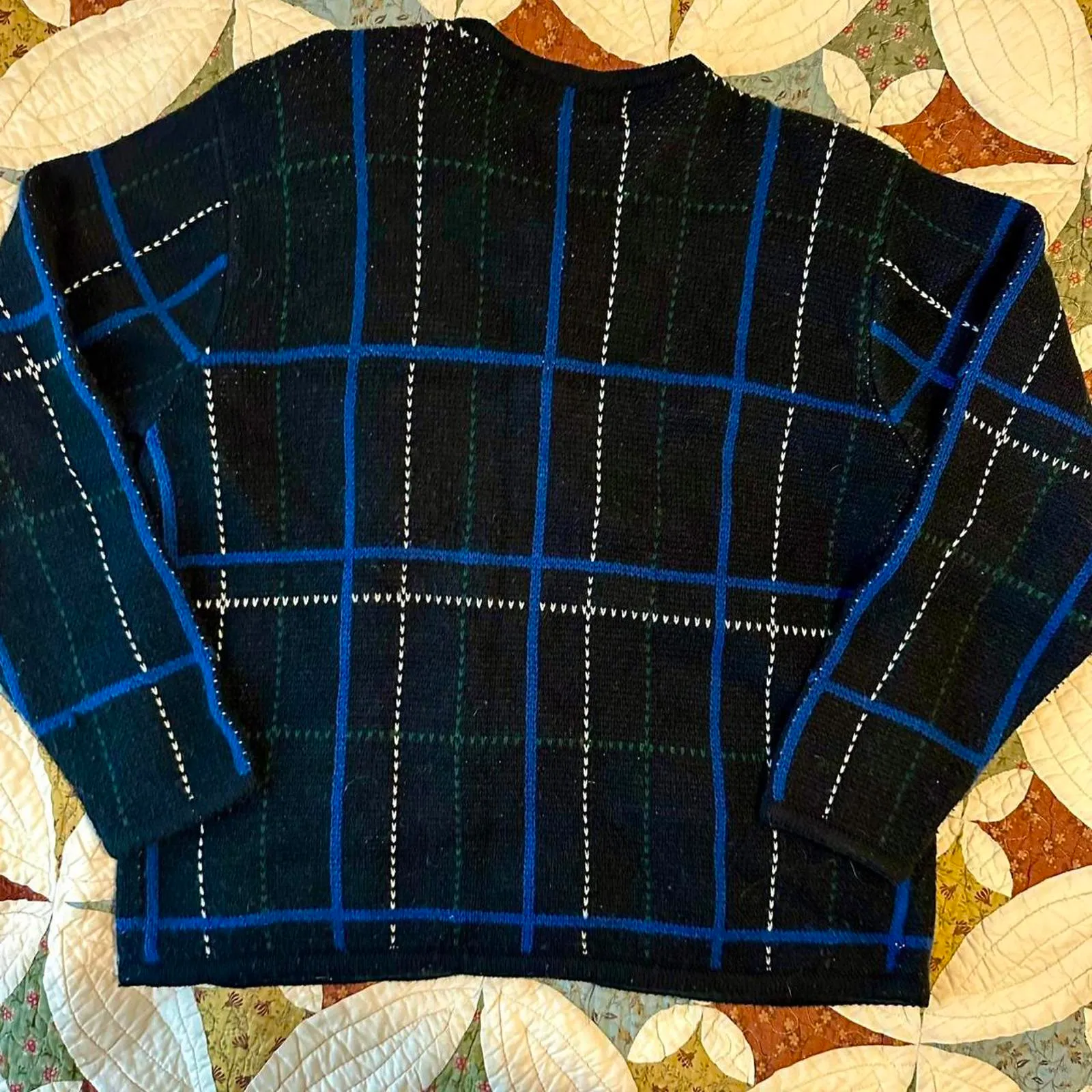 Unique vintage blue & black plaid cottagecore winter holiday cardigan sweater - Image 3