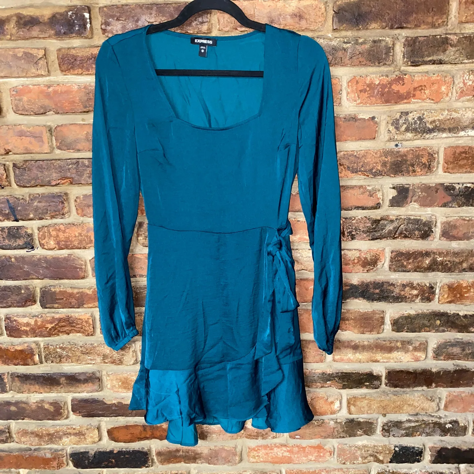 Express Emerald Green Long Sleeve Faux-Wrap Ruffle Mini Dress Women's Size XS - Image 2