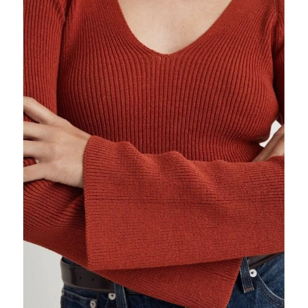 Madewell Flared‎ Sleeve V-Neck Sweater Size M Etruscan Clay Orange Red Preppy - Image 2