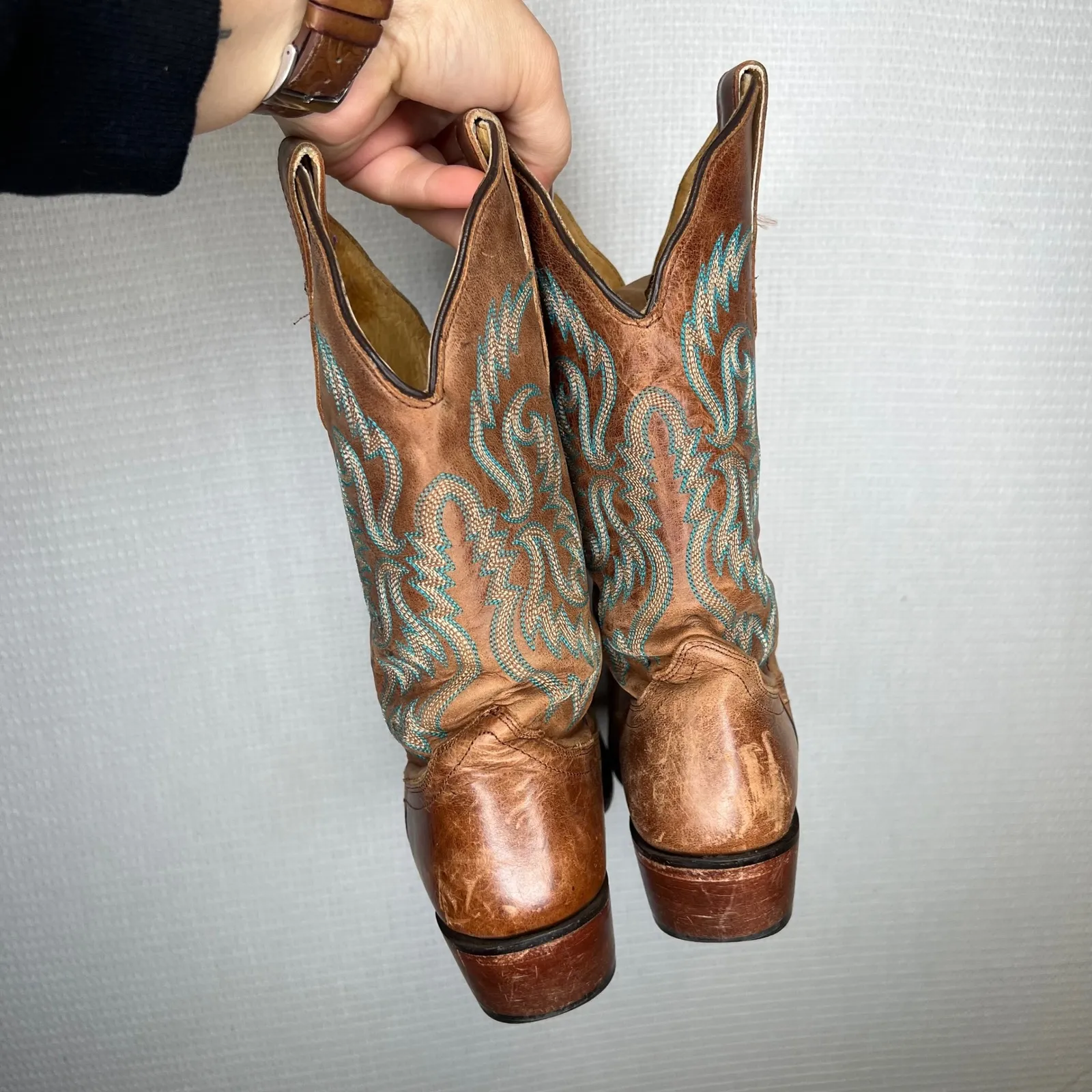 Nocona‎ Women's Brown Leather Cowboy Boots Turquoise Stitching Size 5.5 B - Image 3
