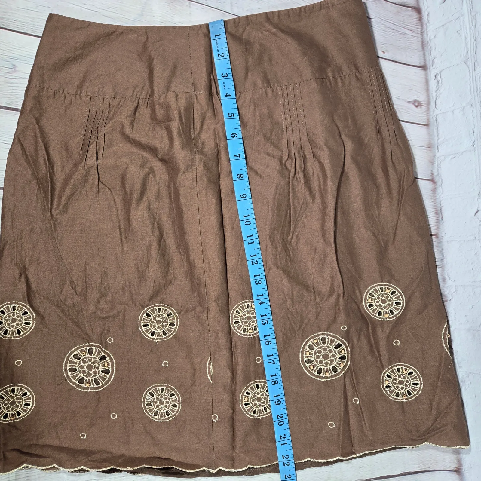 Ann Taylor‎ Loft Cotton Metallic A-Line Skirt Brown Embroidered Scalloped Hem 8 - Image 10