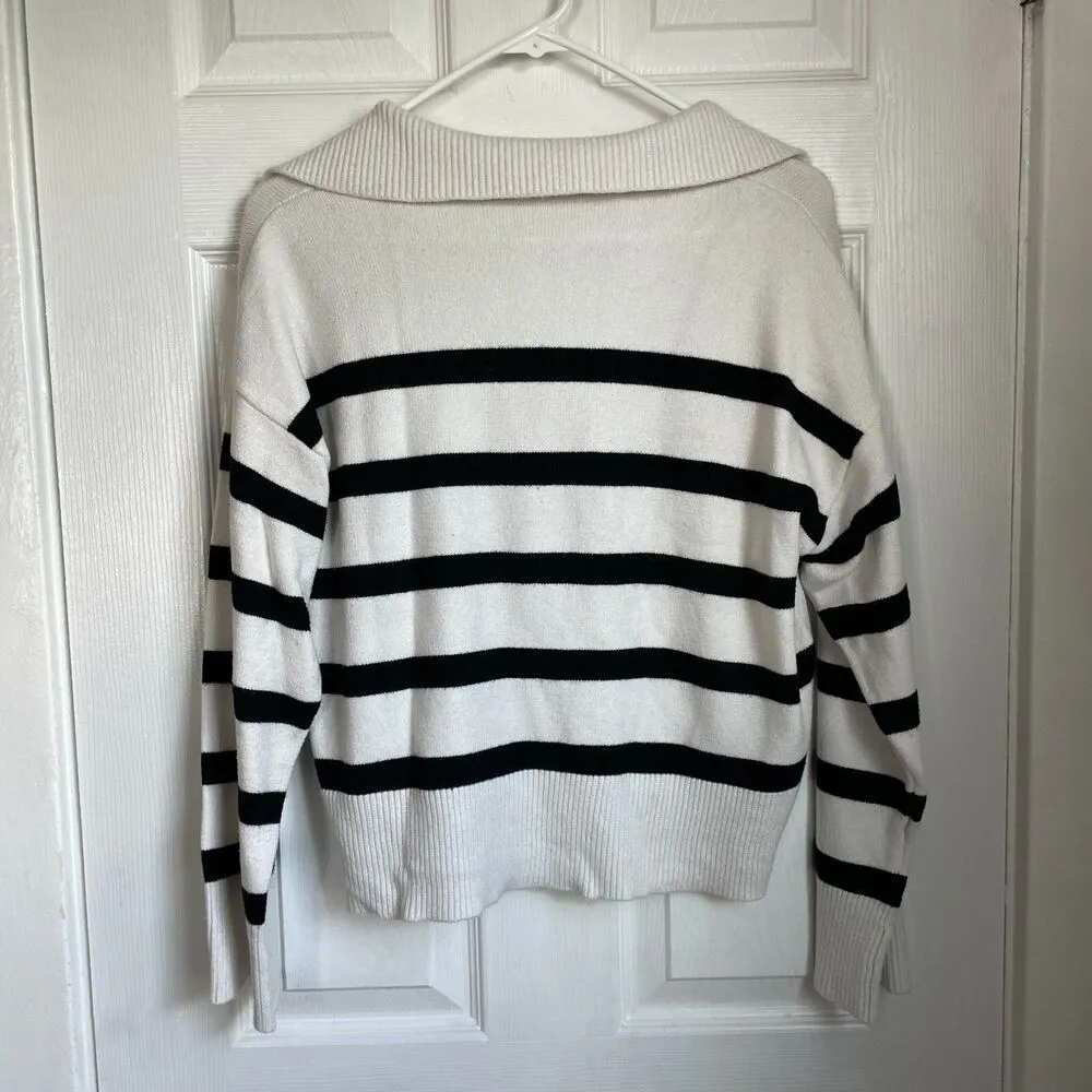 BERSHKA White Navy Blue Striped V Neck Sweater Sailor Summer Size M womens - Image 4