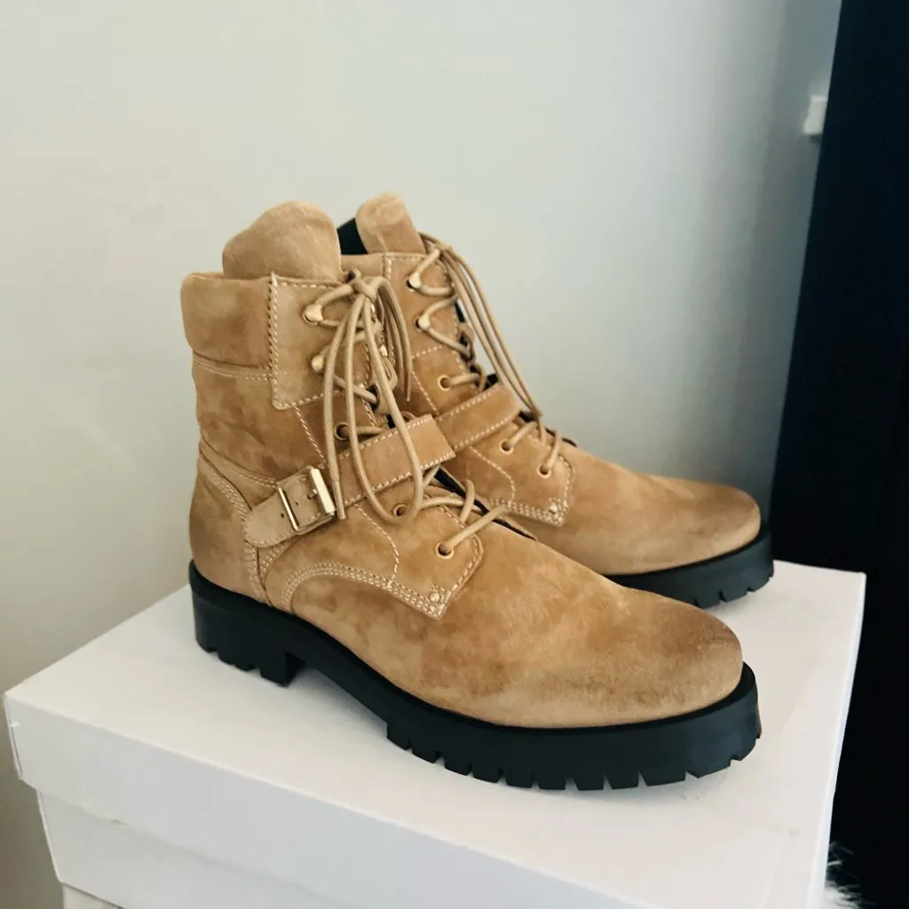 All Saints Paulina Suede Leather Buckle Moto Boot, Size 11, Brown/Tan, NWT - Image 9