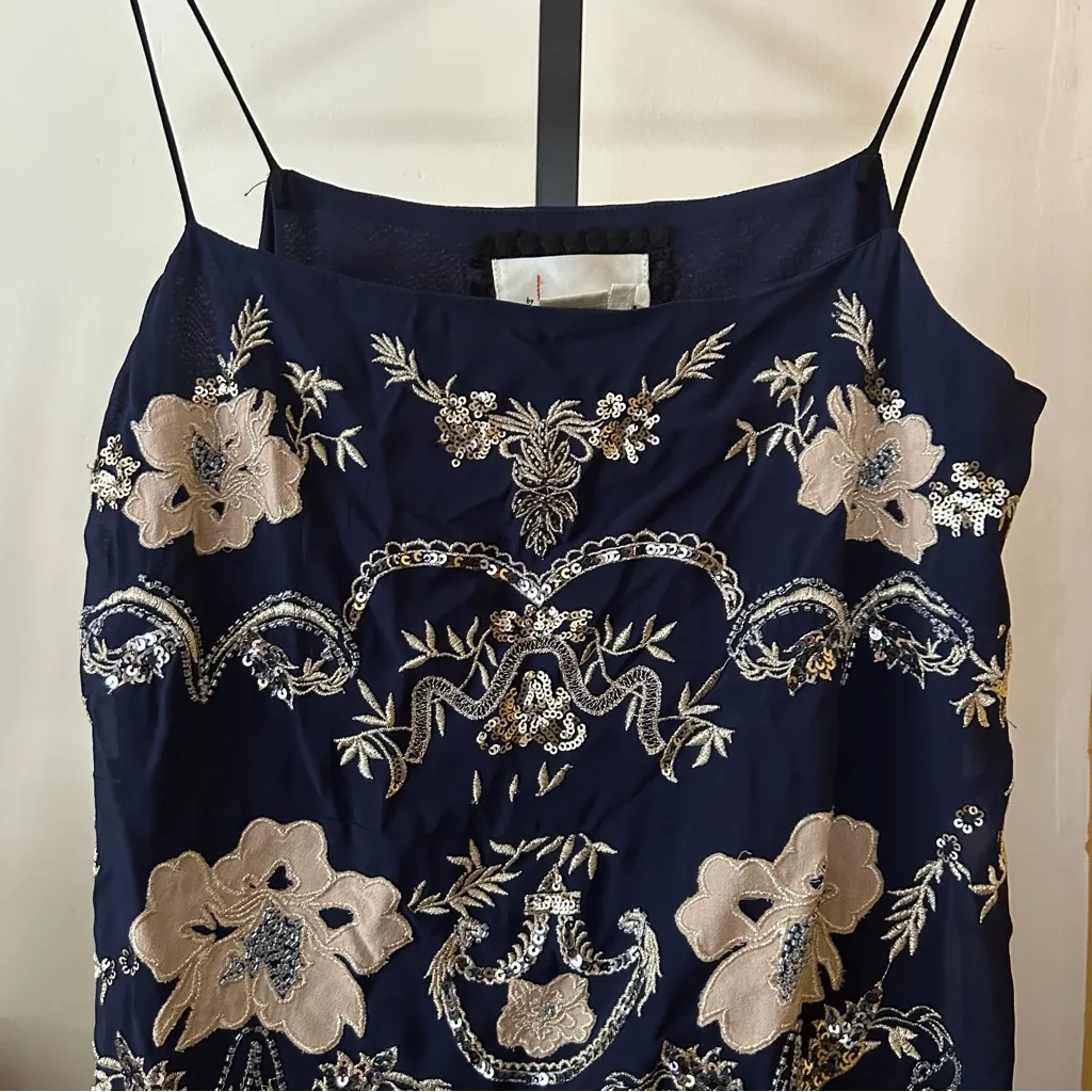 Anthropologie Allaire Embroidered Slip Dress Sequin Floral Navy Blue Gold Size S - Image 5