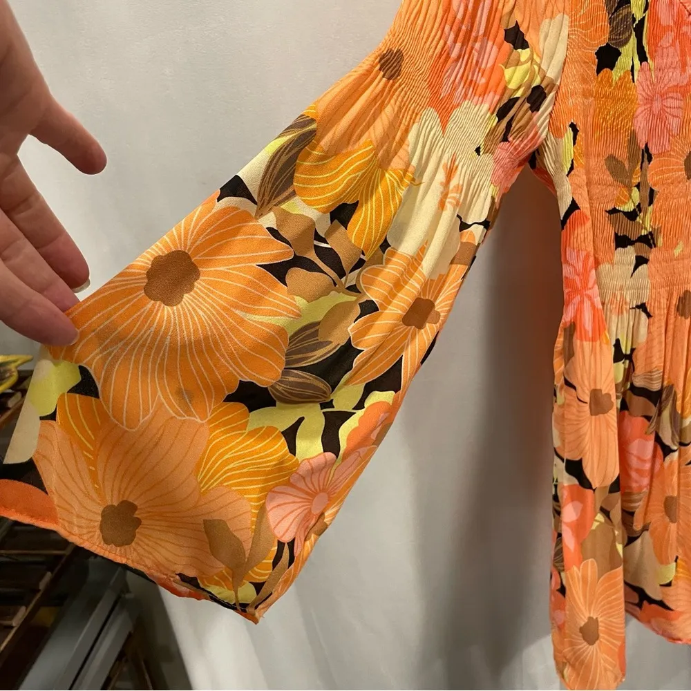 Peach floral boho crinkle flowy ruffle collar top v - Image 7