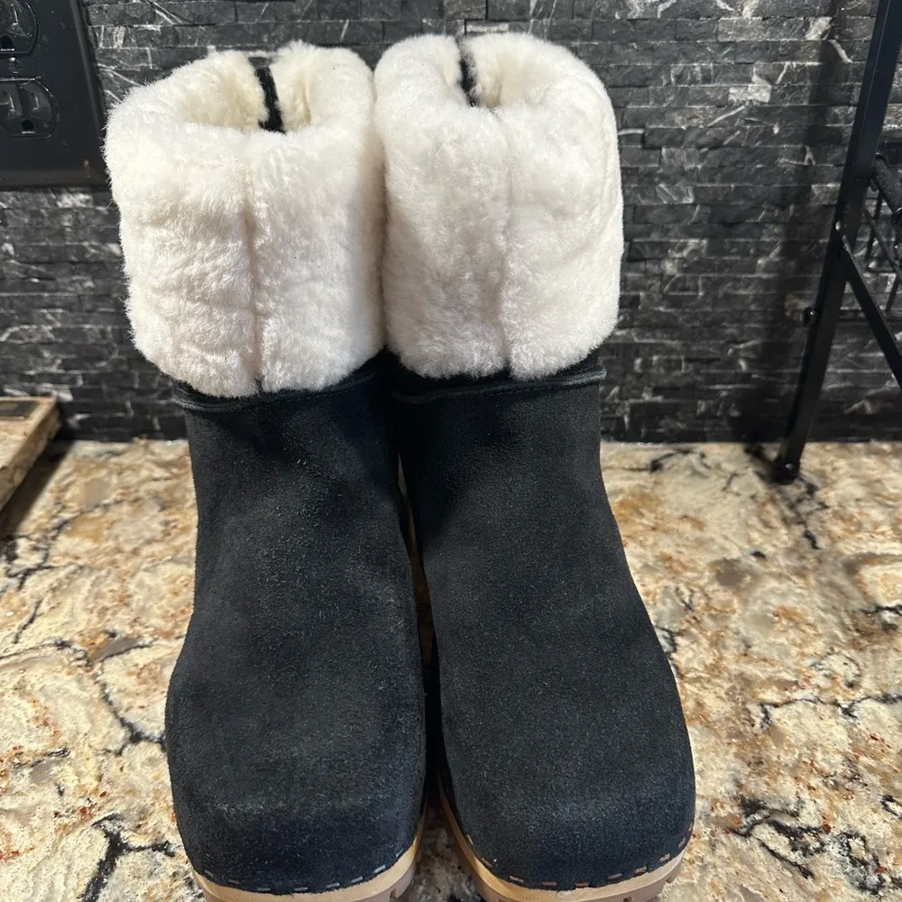 Mia Jildie Clogs Suede Ankle Boots Sheepskin Wood Size 10M~Black Leather NEW - Image 3