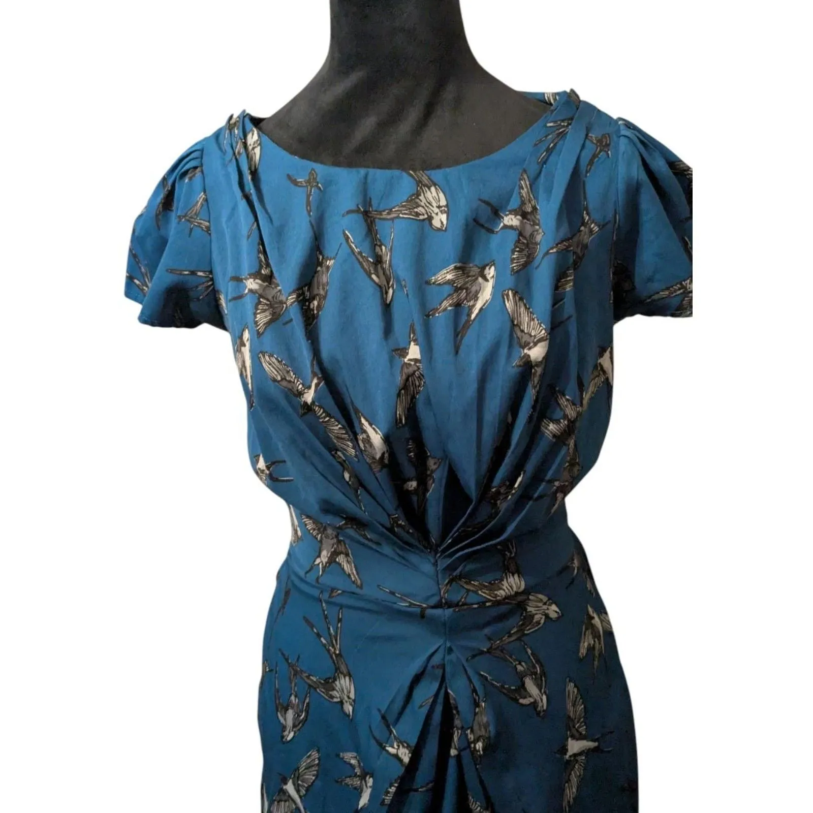 YUMI Swallow Bird Print Ruched Midi Dress Teal Blue Size US 2/4 - Image 2