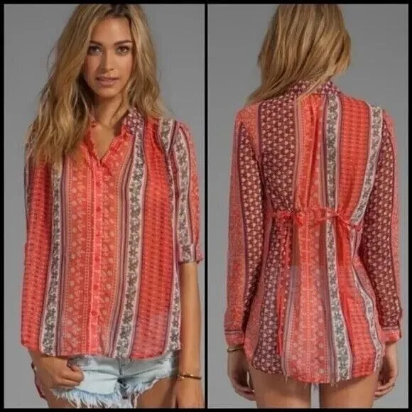 Free‎ People Moonlight Mile Woven Top Hot Coral Floral Size Small - Image 12