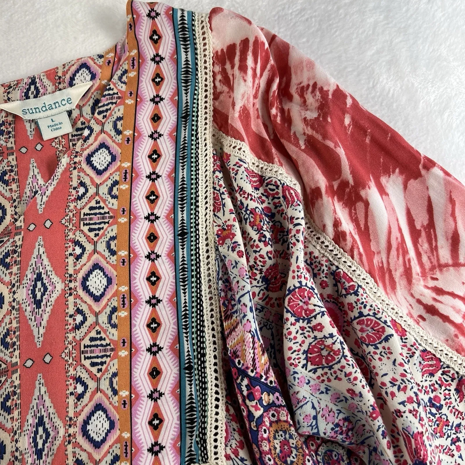 Sundance L Large Avignon Terraza Floral Dress Patchwork Bohemian Keyhole Boho Pink - Image 4