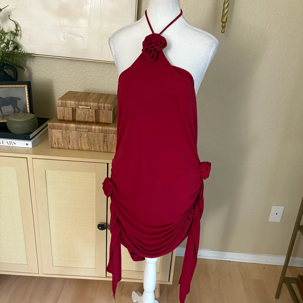 JLUXLABEL Burgundy‎ Tabitha Halter Rose Mini Dress Size XXL - Image 3