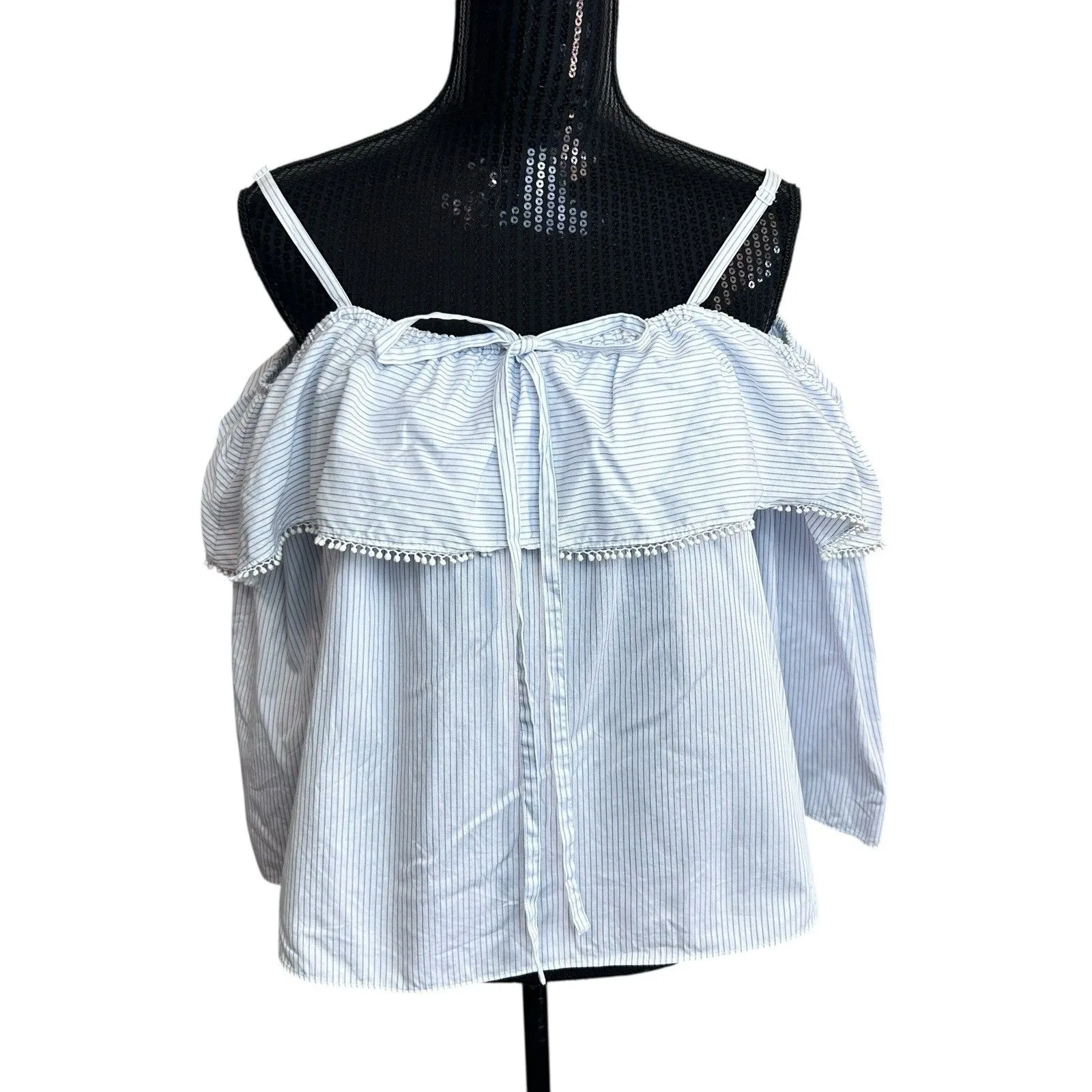 Jonathan Simkhai Top Sz XS Striped Ruffle Off The Shoulder 3/4 Sleeve Blue White - Image 2