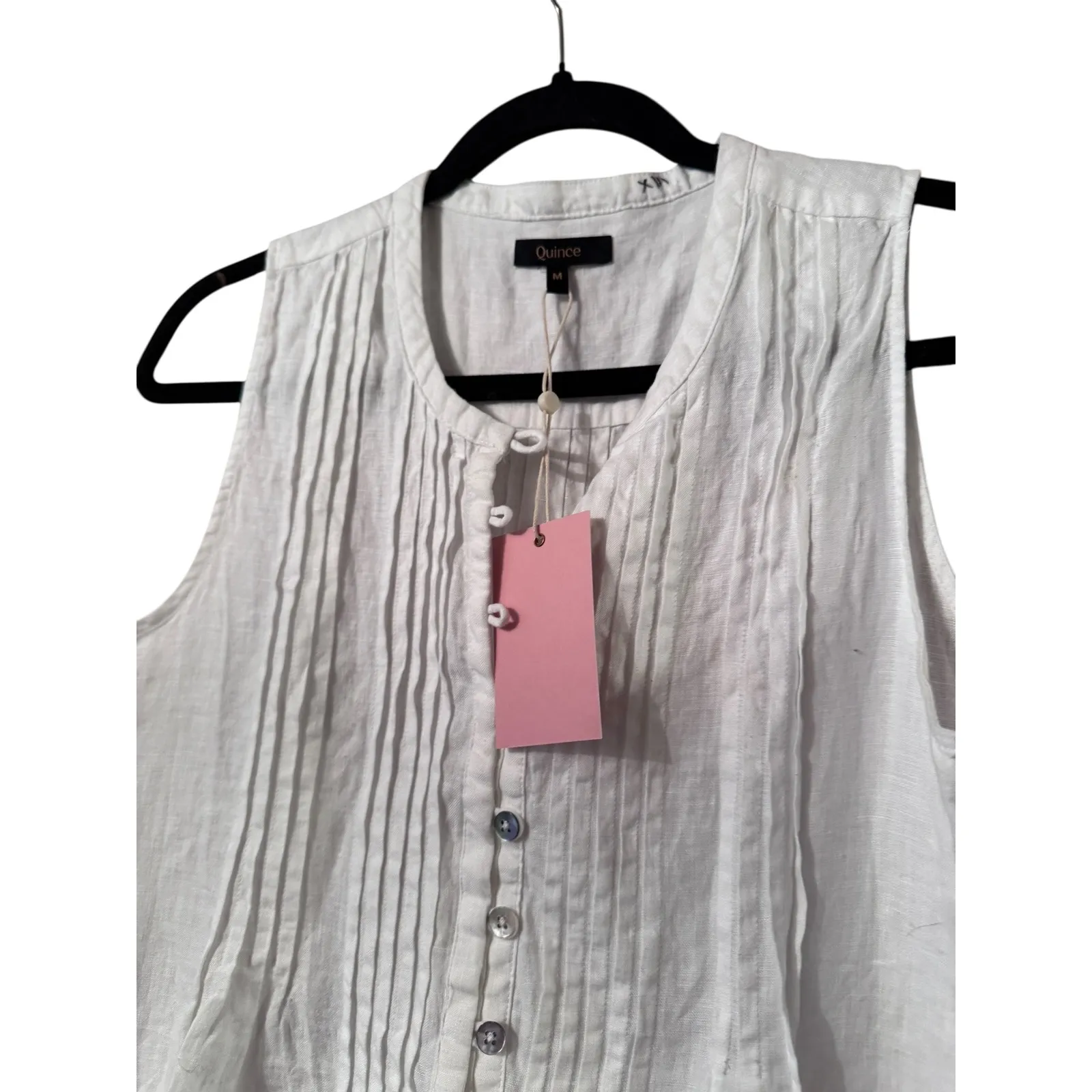 Quince European Linen Pleated Button Front Sleeveless Midi Dress White M New - Image 3