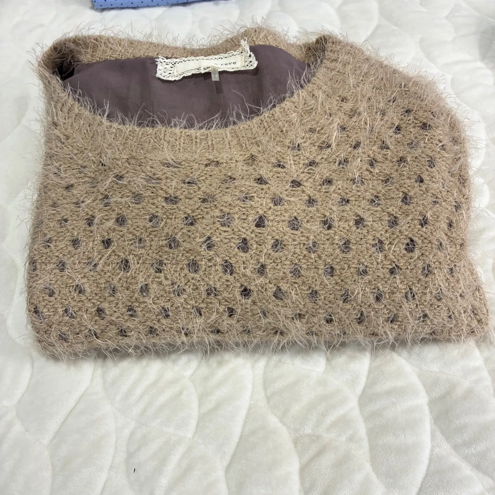 a'reve Womens Small Knit Sweater Tunic Top Brown Pleated Ruffle Hem Long Sleeve - Image 6