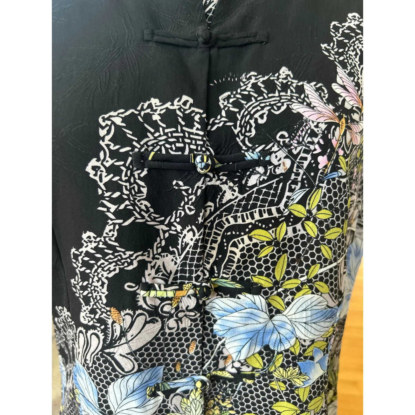 Citron Santa Monica Black Mandarin Cap Sleeve Silk Lace Floral Pattern Blouse Size L - Image 4