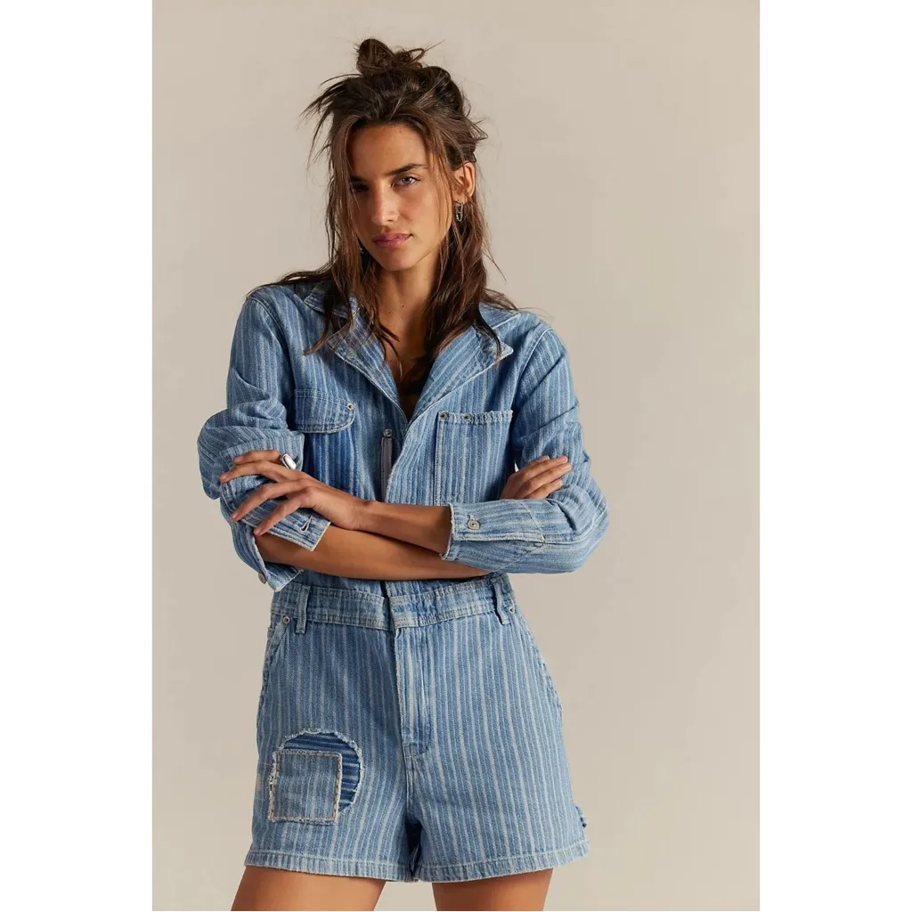 Free People Downtown Denim Railroad Patchwork Coveralls Romper Size Large - Image 6