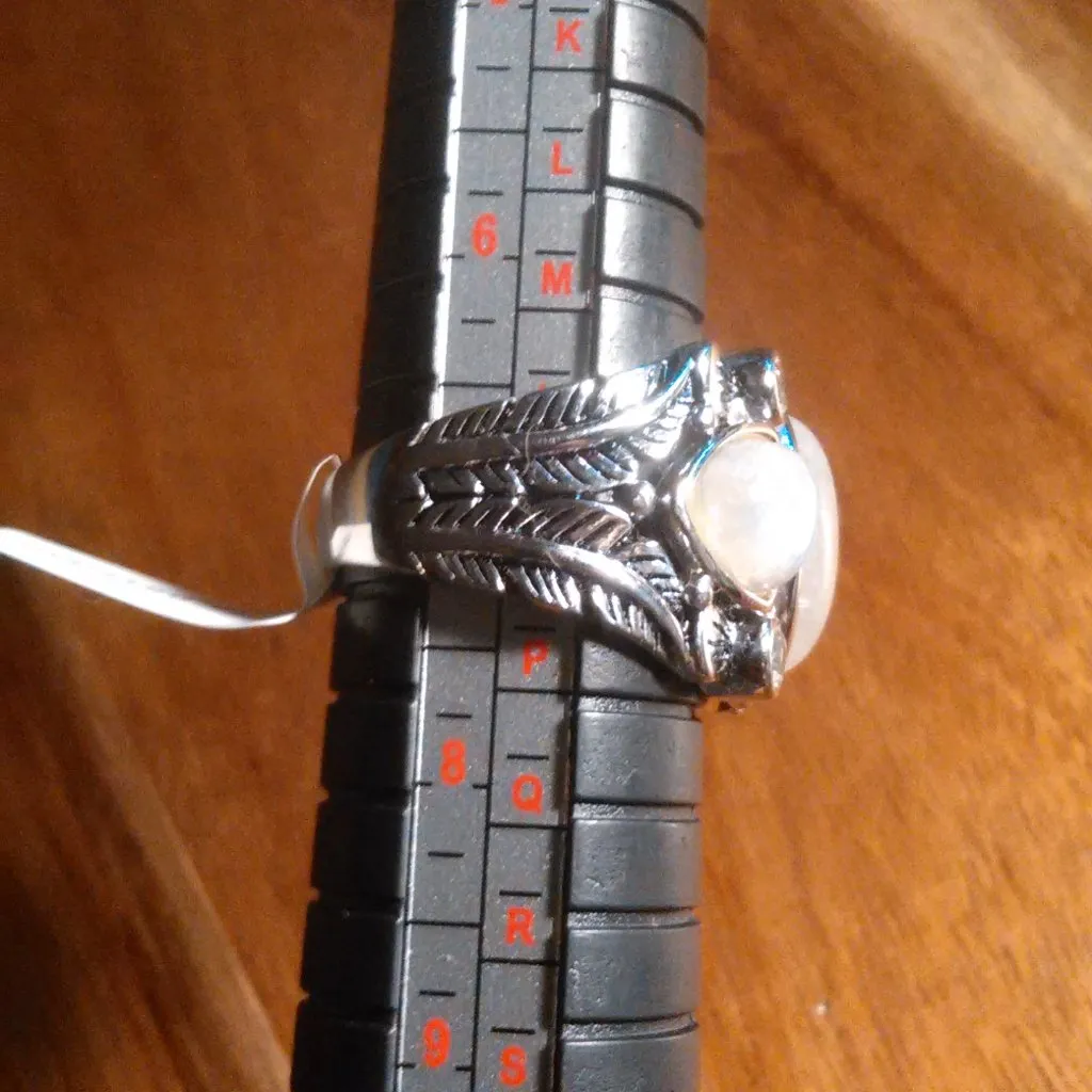 White Rainbow Moonstone Three Stone Sterling Silver Ring (Size 7) - Image 3