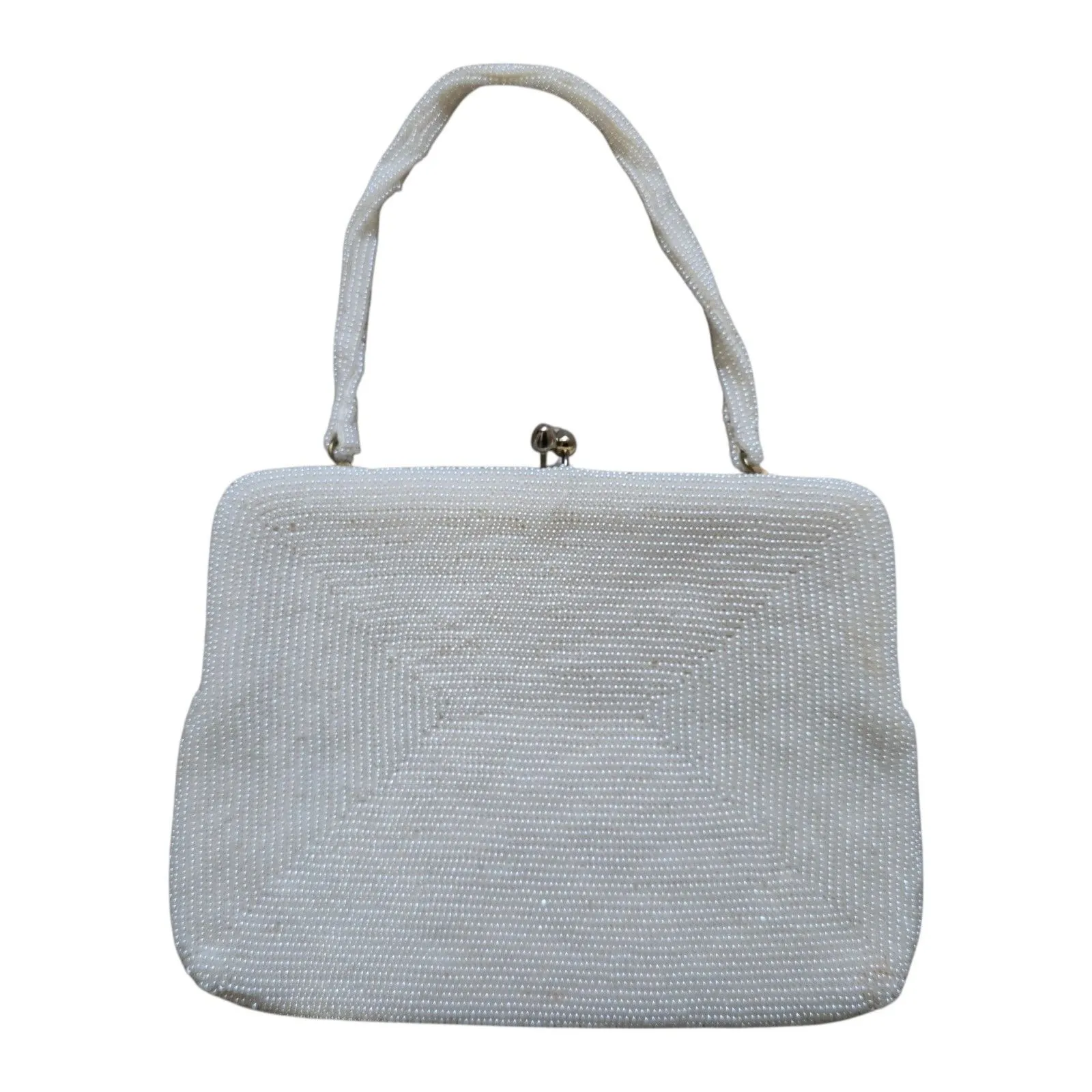 Vintage White Beaded Purse Handmade Korea Kiss Lock Handled Clutch Cocktail Luxe - Image 2
