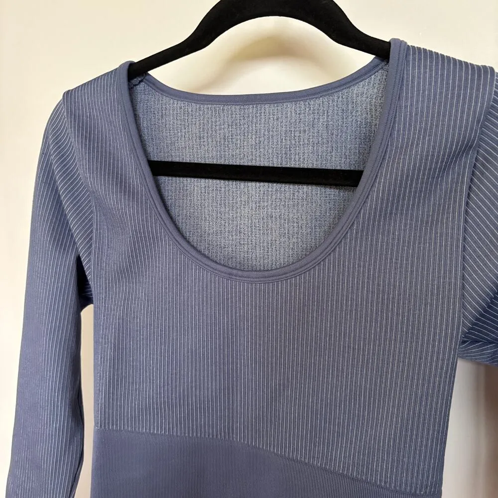 Aerie Offline Ribbed Stretch Blue Scoop Neck Long Sleeve Athleisure Workout Top - Image 2