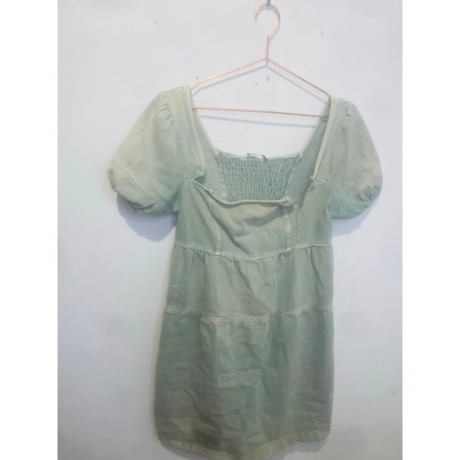 LOUNA Women's Green Denim Cotton Blend Empire Square Neck Mini Dress Size Small - Image 3